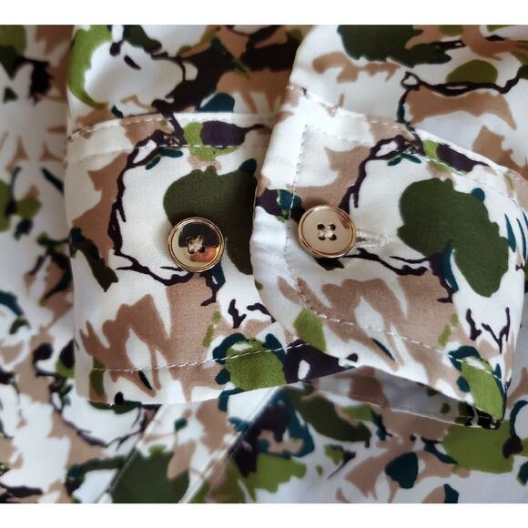 JONES NEW YORK L Shirt Button Up Long Roll Tab Sleeve Green Beige Satiny Bust 42 - Picture 5 of 8